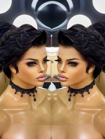 Short Wigs For Women Human Hair 1B Nature Black Pixie Cut Wig Human Hair Lace Frontal Wigs For Women 13*4*1 T Part Lace Frontal Wig Glueless Wigs For Valentine's Day, Daily Use Natural Hairline Short Lace Wig For Women Human Hair Black Color Wig Short Wigs With Side Part Bangs