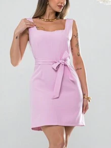Short Tailored Dress With Thick Straps V3019 - Baby Pink - View 1