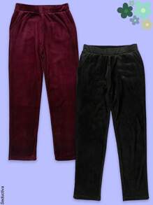 Kit de 2 Pantalones con afelpado interior, tela tipo pana punto canalé, bolsillos laterales, bolsillos traseros, cintura con elástico alto, semi-entubado, otoño-invierno, casual, fiesta, calle, trabajo, colores al azar.