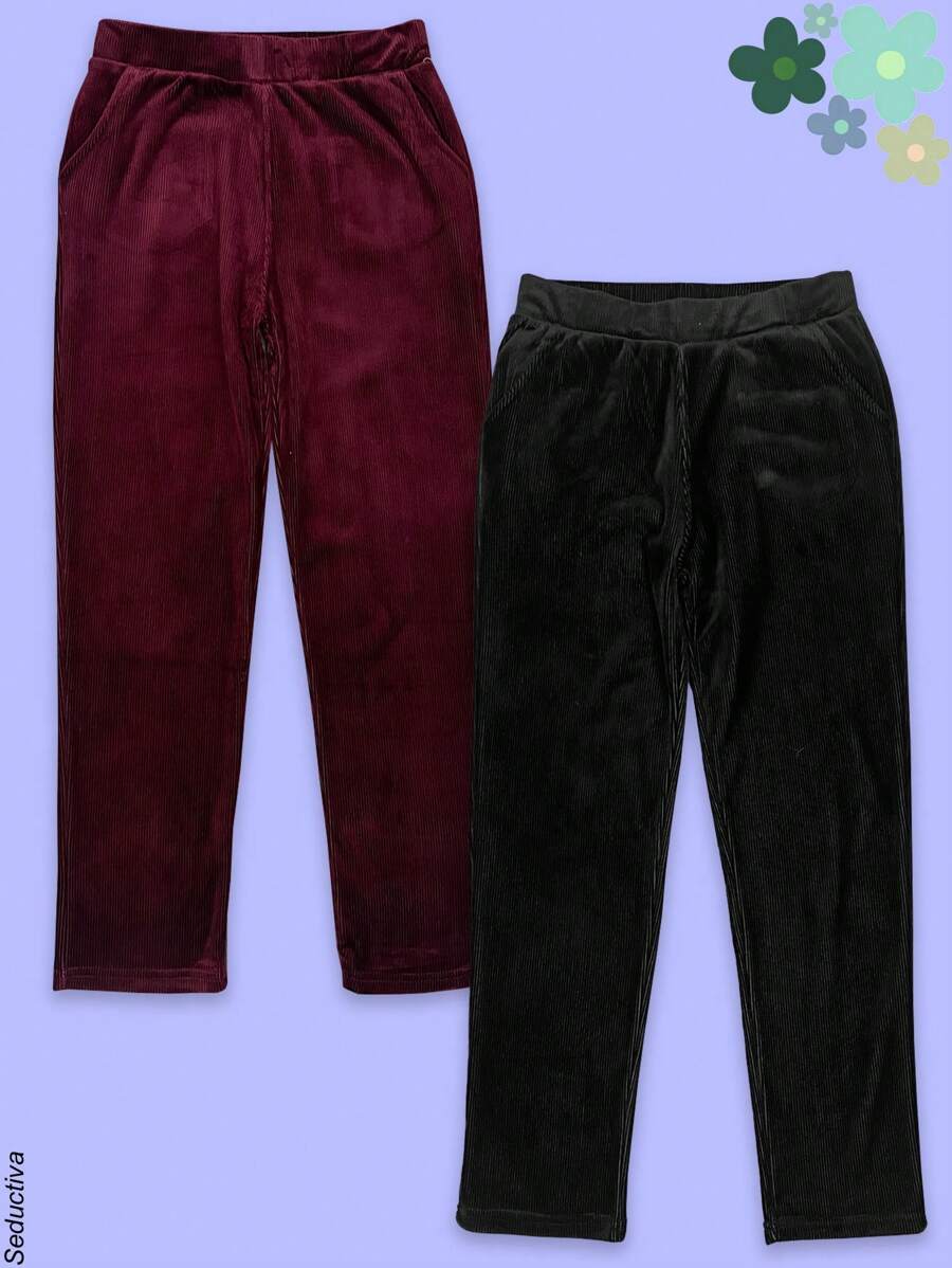 Kit de 2 Pantalones con afelpado interior, tela tipo pana punto canalé, bolsillos laterales, bolsillos traseros, cintura con elástico alto, semi-entubado, otoño-invierno, casual, fiesta, calle, trabajo, colores al azar.