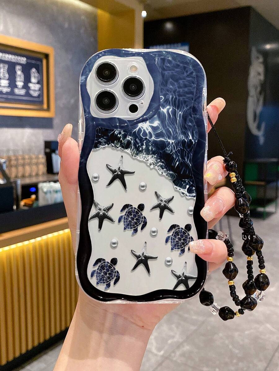 Ốp điện thoại chống rơi hình sao biển, rùa biển, nước biển xanh dương, viền lượn sóng, chất liệu kem, kèm vòng tay hạt cườm thủ công, dành cho XR/7/8, phiên bản quốc tế, không phải phiên bản nội địa.