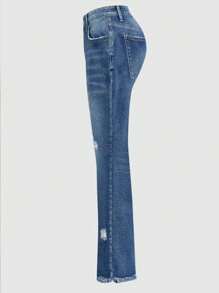 Light Blue Distressed Straight Leg Washed Casual Jeans For Women - Blue - View 5