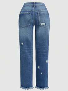 Light Blue Distressed Straight Leg Washed Casual Jeans For Women - Blue - View 6