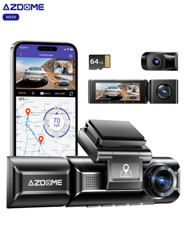 AZDOME Dashcam a 3 canali per auto anteriore posteriore interno, 1440P+1080P+1440P Videocamera per auto WiFi integrato GPS, Dash Cam con scheda SD da 64 GB, schermo IPS da 3", registrazione in loop, sensore G, monitoraggio parcheggio