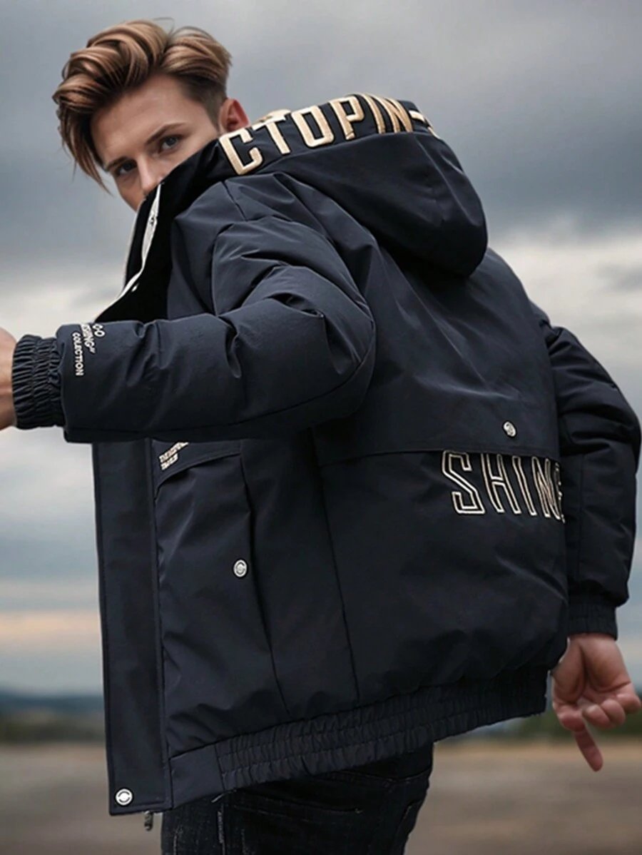 Men's Padded Padded Coat, Warm Hooded Coat For Autumn/Winter - 黑色 - 查看 1