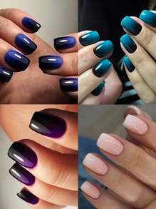 96 Cái/Hộp (4 cái hỗn hợp) Móng tay giả acrylic hình vuông ngắn thiết kế chuyển màu vừa vặn hoàn hảo, kèm hộp đựng, chứa 1 keo dán và 1 giũa móng, thích hợp cho phụ nữ và bé gái sử dụng hàng ngày, tiệc tùng, đồ dùng làm móng - Nhiều màu - Xem 2