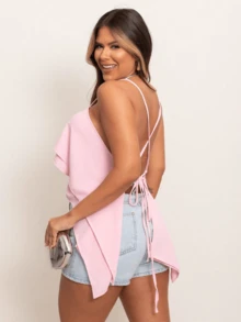 Cropped Top With Straps, Ruffle Detail, Duna Fabric, Comfortable, Versatile, Women's Fashion - 淺粉色 - 查看 3