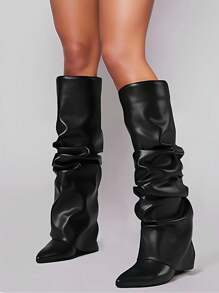 Winter Boots Women Slouched Ruched Fold Over Boots Covered Wedge Block Heel Knee High Punk Gothic Fashion Luxury Shark Shoes For Woman - màu đen - Xem 4