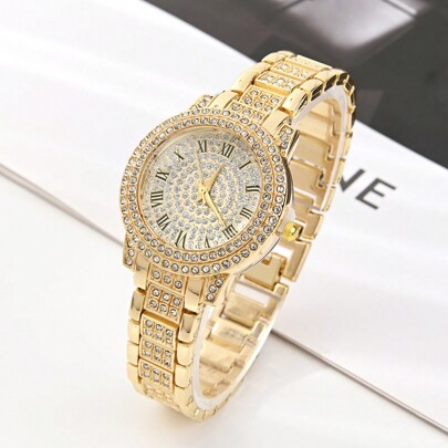 1 pieza Reloj de mujer de moda con esfera romana, decorado con rhinestones y correa con estampado de estrellas, regalo