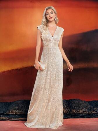 女士优雅晚礼服，奢华迷人的串珠面料，高腰褶皱设计，青春迷人，适合派对、毕业典礼、婚礼、活动和各种庆典，女士礼服（高级版）