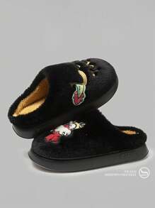 冬季情侣拖鞋，卡通刺绣保暖拖鞋，EVA 鞋底可爱中国龙拖鞋 - 黑色 - 查看 4