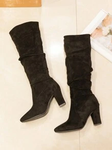 Black Slimming Multi-Color New Crinkle Tall Boots, Pointed Toe Chunky Heel Over-The-Knee Boots For Women, Fall/Winter 2025 - Black - View 6