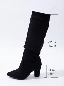 Black Slimming Multi-Color New Crinkle Tall Boots, Pointed Toe Chunky Heel Over-The-Knee Boots For Women, Fall/Winter 2025 - Black - View 8