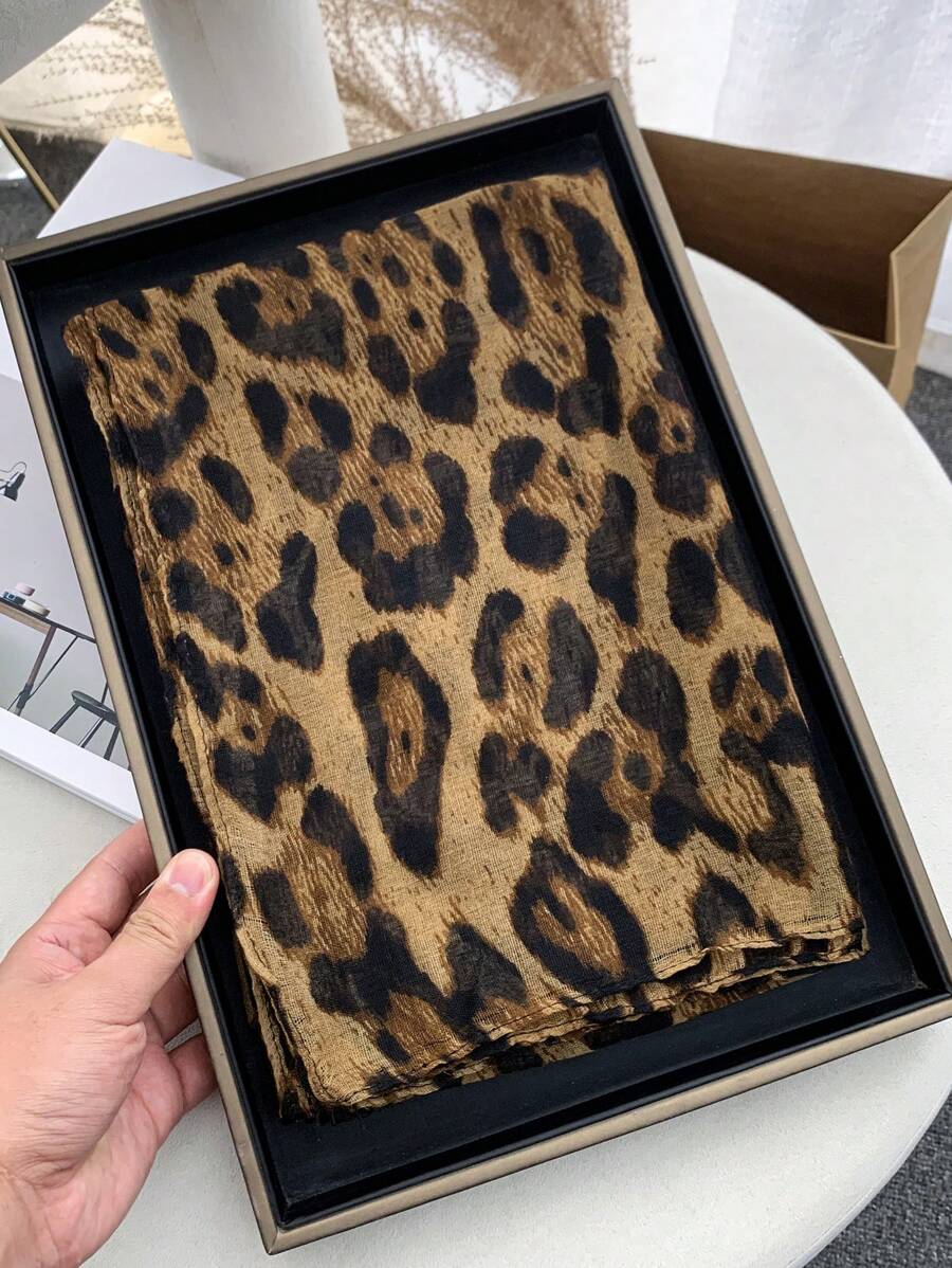 1 Pc Women Soft, Lightweight Balinese Sling Scarf With Leopard Print, Suitable For Daily Wear And Outerwear - Brown - View 1