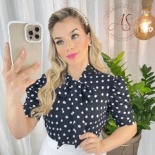 Women's Casual Blouse Short Sleeve Plain And Polka Dot Social Elegant Stylish Evangelical Fashion - 黑色圓點 - 查看 2