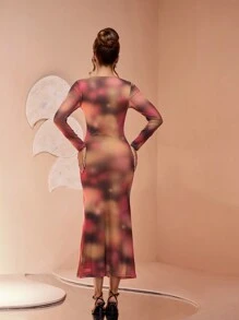 Persoshow Special Print V-Neck Tight Ruffle Trim Elegant Dress - Multicolor - View 2