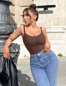 Nebility Waist Trainer Bodysuit For Women Tummy Control Shapewear Round Neck Seamless Butt Lifter Full Body Shaper - 巧克力棕 - 查看 4