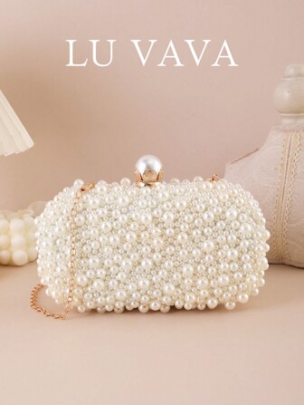 A Champagne Color Elegant And Fashionable Clutch Bag Decorated With Faux Pearls, Evening Bag. Suitable For Women's Parties, Dinner Parties, Weddings, Vacation Matching, Women's Dress Matching, Birthday Gifts, Excellently Matching With Party Dresses For Women, Elegant Pearl Clutch, Prom Bag