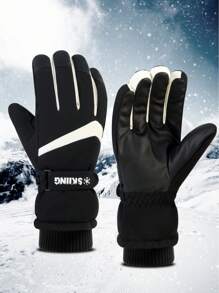 1 Paio di guanti multicolore da sci invernale da esterno, accessorio casual da uomo con cinque dita, dotati di fodera in pelliccia calda, tessuto antivento e anti-pioggia, funzione antiscivolo sul palmo, funzione touch screen sulle dita, adatti per ciclismo invernale, sci e attività all''aperto