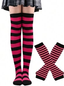 1 套 2 双条纹过膝袜和护臂，朋克风格套装 - 彩色 - 查看 18