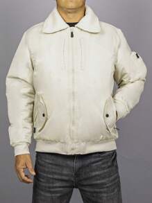 Quilted Jacket With Sheepskin Collar, Pockets And Elastic Wrist Closure, Warm For Men, Young Men, Unisex, Ladies, Women - Beige - Voir 1