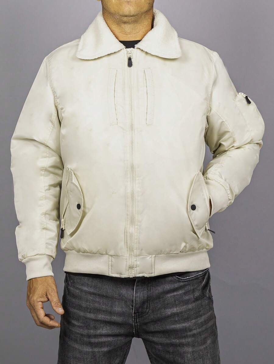 Quilted Jacket With Sheepskin Collar, Pockets And Elastic Wrist Closure, Warm For Men, Young Men, Unisex, Ladies, Women - Beige - Voir 1