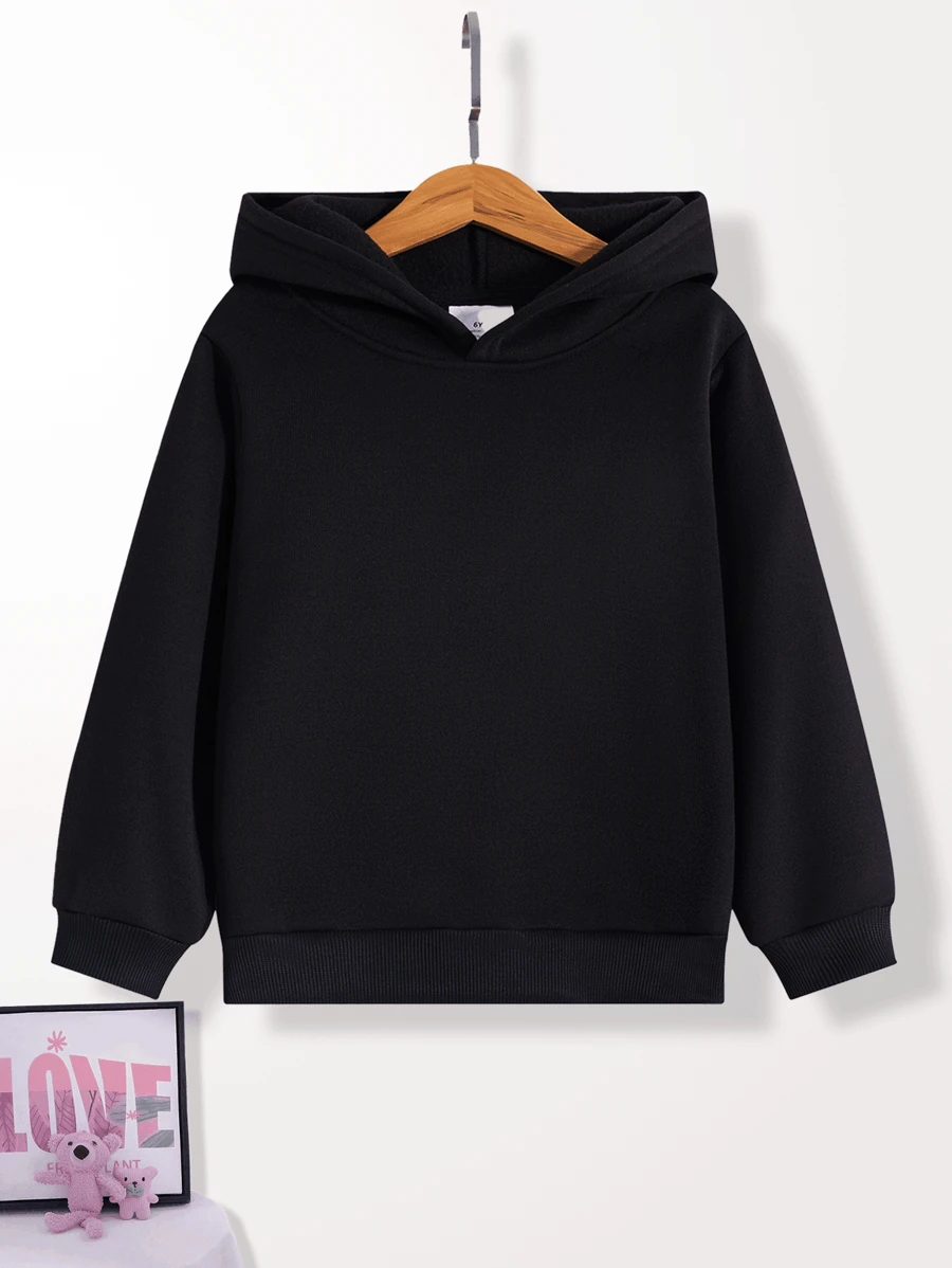 Young Girl Solid Color Long Sleeve Casual Hooded Sweatshirt, Thermal Lined, Autumn/Winter