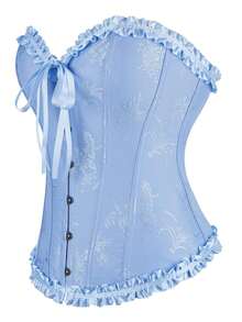 Women Overbust Corset Lace Up Floral Jacquard Frill Trim Boned Bustier Tops Festival Prom Birthday Back To School Halloween Country Concert Outfit - Multicolor - View 2