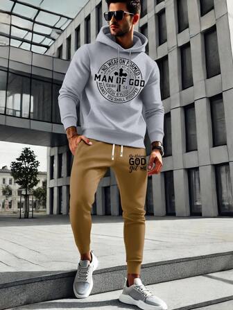 2 Pieces Men's Hoodie And Pants Set - 'Man Of God' Graphic Pullover Hoodie With Drawstring And Kangaroo Pocket, 'No Worries, God Got Me' Printed Jogger Pants With Elastic Waist And Ribbed Cuffs - Casual, Comfortable Outfit For Loungewear Or Streetwear In Light Gray And Khaki