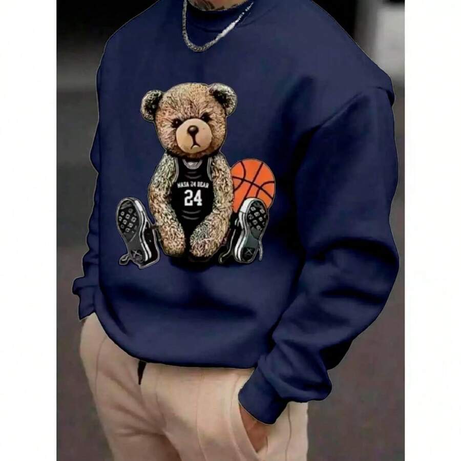 Bear Basketball Crewneck Sweatshirt (FRONT) Round Neck Women's Men's Flannel Unisex Winter Cold Cotton Coat - 藏蓝色 - 查看 1