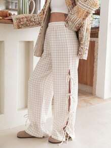 Women Y2k Tie Up Gingham Pants High Rise Elastic Waist Wide Leg Loose Lounge Bottom Pants - Khaki - View 5