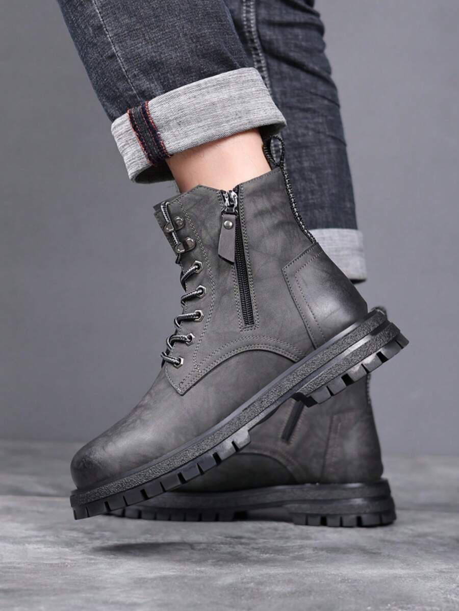 2024新款跨境贸易男士靴子侧拉链英伦风防滑大码潮流黄色靴子 - 灰色 - 查看 1