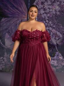 Faeriesty Plus Applique Detail Off Shoulder Puff Sleeves Mesh Formal Prom Dress, Party Dress, Wedding Guest Dress, Evening Dress