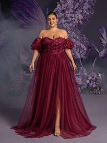 Faeriesty Plus Applique Detail Off Shoulder Puff Sleeves Mesh Formal Prom Dress, Party Dress, Wedding Guest Dress, Evening Dress