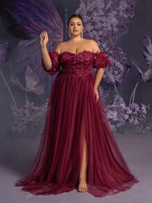 Faeriesty Plus Applique Detail Off Shoulder Puff Sleeves Mesh Formal Prom Dress, Party Dress, Wedding Guest Dress, Evening Dress