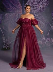 Faeriesty Plus Applique Detail Off Shoulder Puff Sleeves Mesh Formal Prom Dress, Party Dress, Wedding Guest Dress, Evening Dress