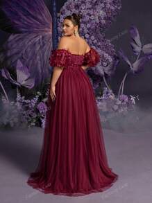 Faeriesty Plus Applique Detail Off Shoulder Puff Sleeves Mesh Formal Prom Dress, Party Dress, Wedding Guest Dress, Evening Dress