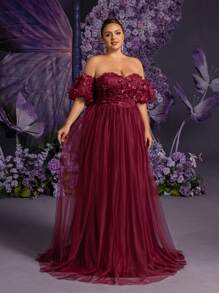 Faeriesty Plus Applique Detail Off Shoulder Puff Sleeves Mesh Formal Prom Dress, Party Dress, Wedding Guest Dress, Evening Dress