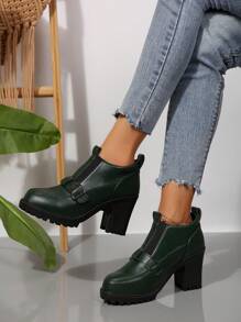 女士经典高跟厚底浅口鞋，软底舒适休闲防水工作鞋 - 墨綠色 - 查看 4