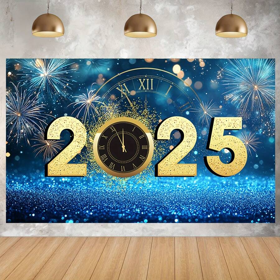 2025 年新年庆祝乙烯基横幅 - 带有闪闪发光的蓝色烟花图案的 Photobooth 背景 | 适用于房间和花园的多功能派对装饰 | 新年夜派对用品，无需电力即可用于一般用途的多用途横幅 - 彩色 - 查看 1