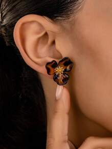 1 Pair Leopard Print Floral Design Elegant Earrings, Suitable For Daily Wear With Sweaters, Simple & Delicate, Autumn/Winter - Black - View 2