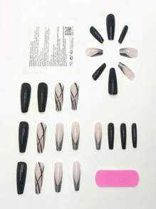 24 piezas uñas postizas en forma de ataúd con línea plateada francesa en color negro con pegamento de gelatina y lima de uñas, suministros para uñas uñas falsas uña falsa uña acrílica - Negro - Ver 4