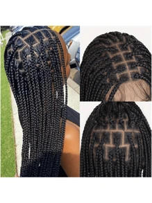 Full Lace Wig 32inch Lange Box Braids Pruiken Voor Vrouwen Dagelijks Gebruikt Full Lace Knotless Box Cornrow Braids Lace Frontal Wig Voor Vrouwen Synthetisch Zwart Handborduurwerk Volledige Dubbele Lace Braid Pruik Met Babyhaar Lange Rechte Natuurlijke Zwarte Hittebestendige Synthetische Haar Gevlochten Pruik