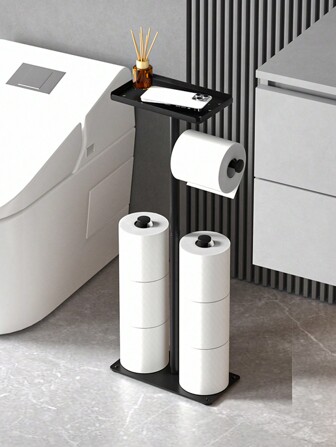 1pc Freestanding Toilet Paper Holder With Storage Tray, Can Hold Up To 6 Rolls - Essential Bathroom Accessory Bathroom Decor Fall Decor