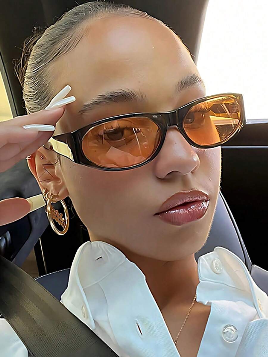 1 件女式复古椭圆形撞色时尚眼镜，时尚休闲运动时尚眼镜，适合户外、旅行、度假时尚眼镜，女士太阳镜海滩配饰复古 Y2k - 黑框茶片 - 查看 1