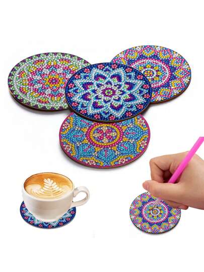 4pcs Diamond Painting Coasters, Handmade DIY Diamond Embroidery Mandala Pattern Wooden Heat-Insulated Cup Mats, 1 Set Diamond Painting Diamond Art