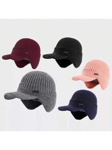 Unisex Winter Warm Fleece Lined Knitted Peaked Beanie Baseball Cap Earflap Hats - Black - View 11