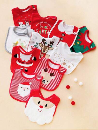 momscare 随机3件装婴儿围兜，图案包括圣诞老人、驯鹿、企鹅、雪人等圣诞节主题，柔软吸水，适合新生儿和婴幼儿 - 可爱图案设计 - 完美的婴儿圣诞节派对礼物，男女宝宝皆宜