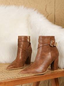 女士爆款时尚裸色短靴，秋冬新款性感系带扣黑色粗跟尖头踝靴侧拉链时尚高跟鞋 - 棕色 - 查看 4