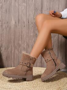 2025 Autumn/Winter New Fashionable Versatile Snow Boots, Fluffy Lining, Warm, Platform Design, Thickened Winter Shoes, Women Thick Sole Ankle Boots, Fashionable Side Zipper Fluffy Lining Boots, Comfortable Winter Short Boots - Khaki - View 1